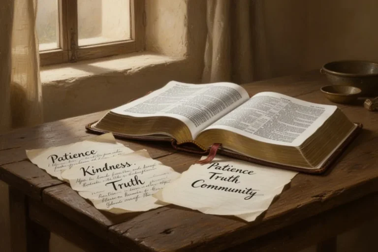 Offene Bibel mit Notizen zu Liebe, Geduld und christlicher Gemeinschaft