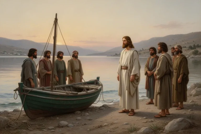 Jünger hören Jesus am See Gennesaret bei einem Fischerboot zu