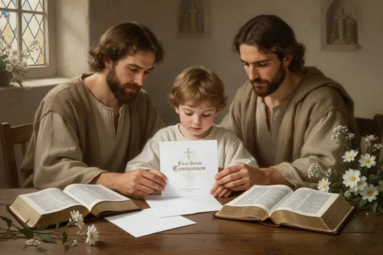 Familie gestaltet eine Karte zur Erstkommunion mit Bibel und Blumen