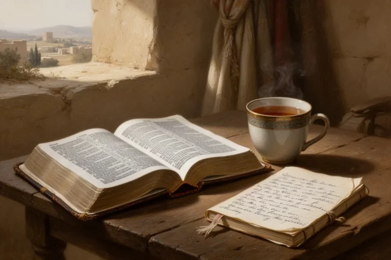 Offene Bibel und Notizbuch bei stiller persönlicher Betrachtung
