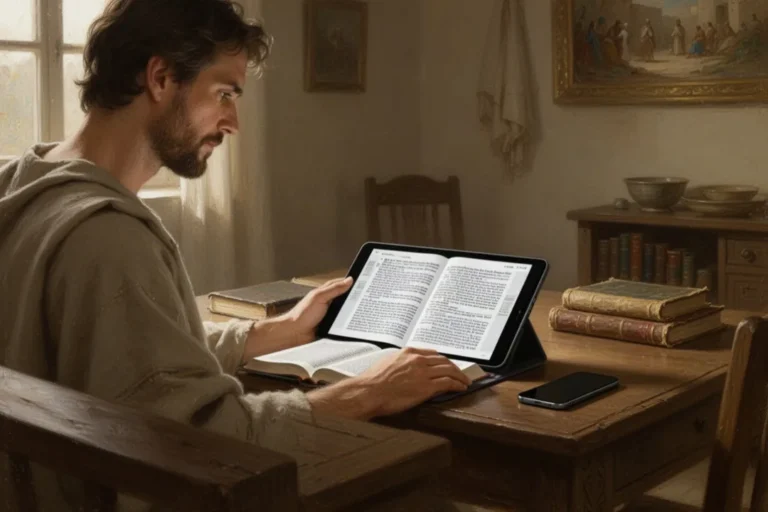 Person liest kostenlos die Bibel auf einem Tablet am ruhigen Schreibtisch