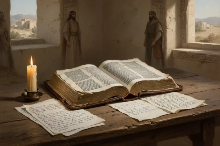 Geöffnete Bibel mit Kerze und Notizen zum Studium der zehn Gebote