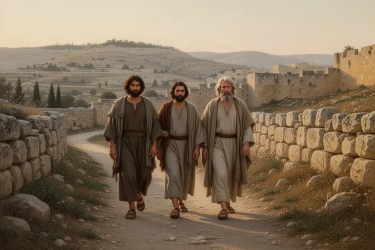 Drei Wanderer auf einem historischen Weg bei Jerusalem im Abendlicht