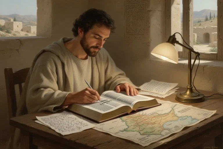 Offene Bibel mit Notizen, Landkarte und Leselampe auf einem Schreibtisch