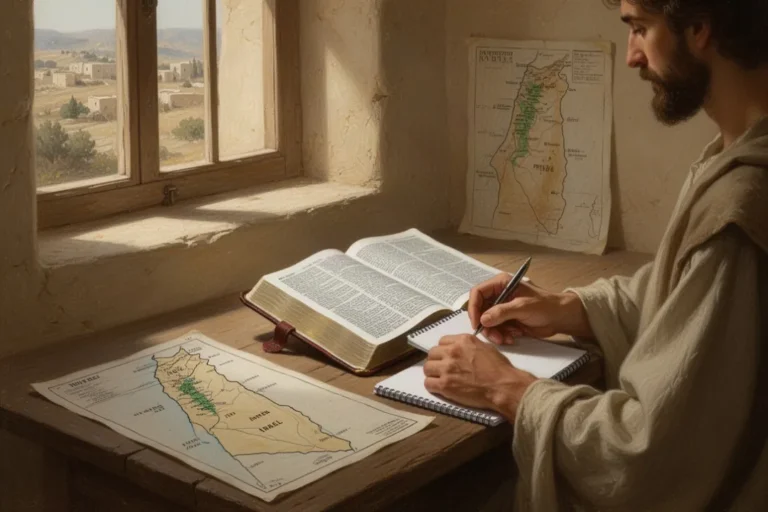 Geöffnete Bibel mit Notizbuch und Karte des antiken Israel