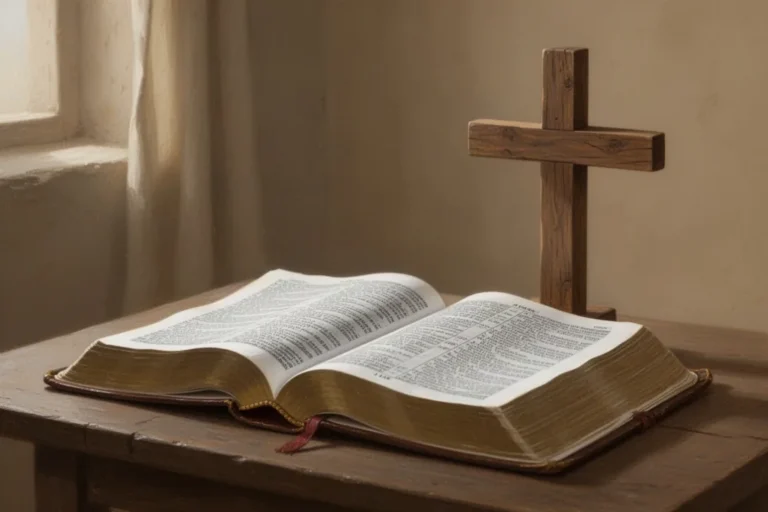 Offene Bibel und Holzkreuz als Symbol für die vier Evangelien