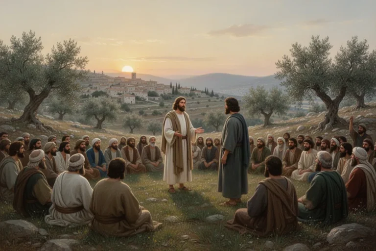 Jesus lehrt eine Menschenmenge auf einem galiläischen Hügel