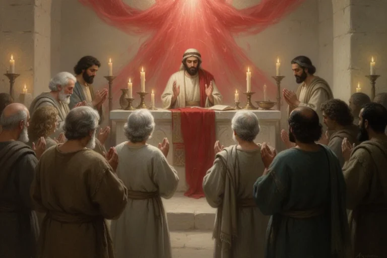 Gemeinde betet bei einem Pfingstgottesdienst im warmen Kerzenlicht