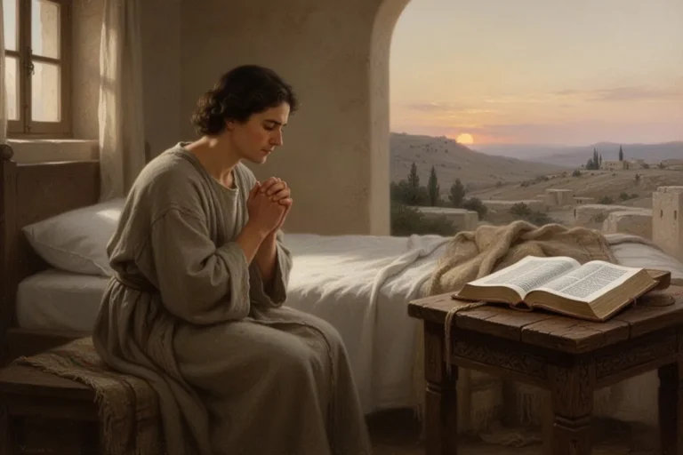 Person betet morgens neben dem Bett mit geöffneter Bibel