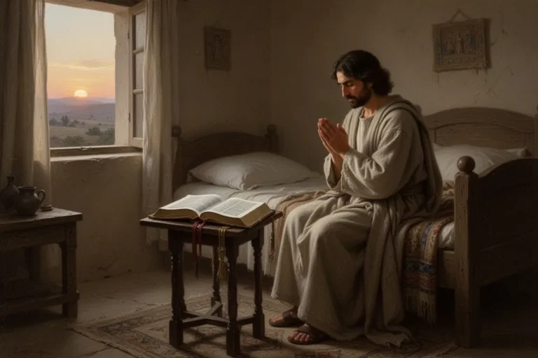 Person betet morgens mit Bibel um Schutz und innere Ruhe
