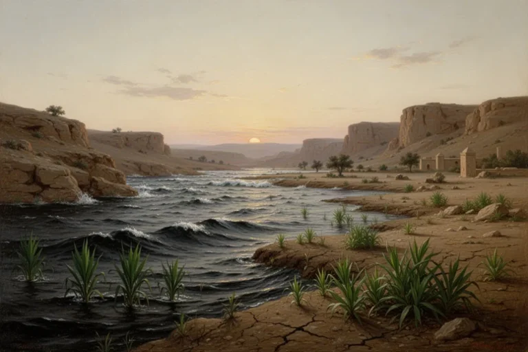 Landschaft mit aufbrechendem Licht, trockenem Land und ersten Pflanzen