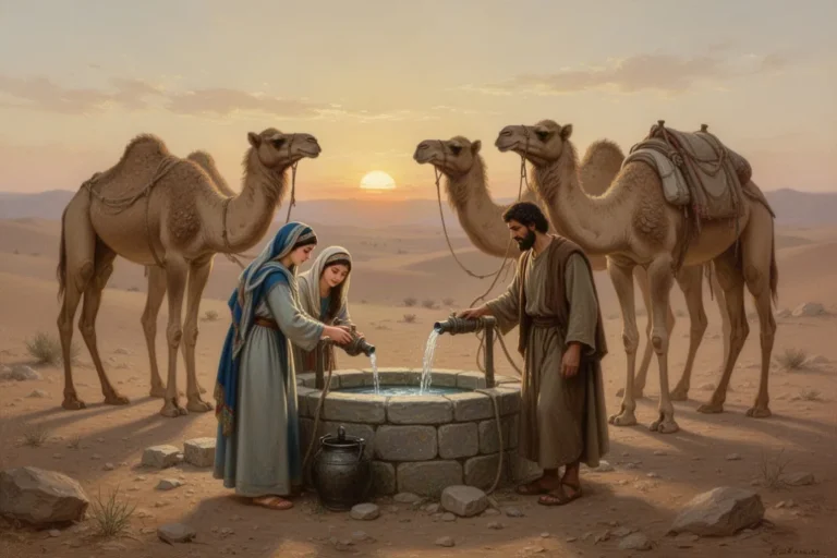 Rebekka versorgt einen Reisenden und seine Kamele am Brunnen