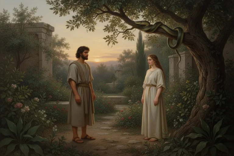 Adam und Eva stehen nach dem Ungehorsam im Garten Eden