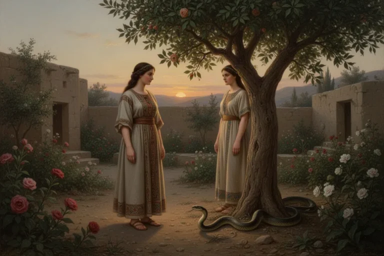 Frau und Schlange im Garten als Darstellung von Genesis 3,15