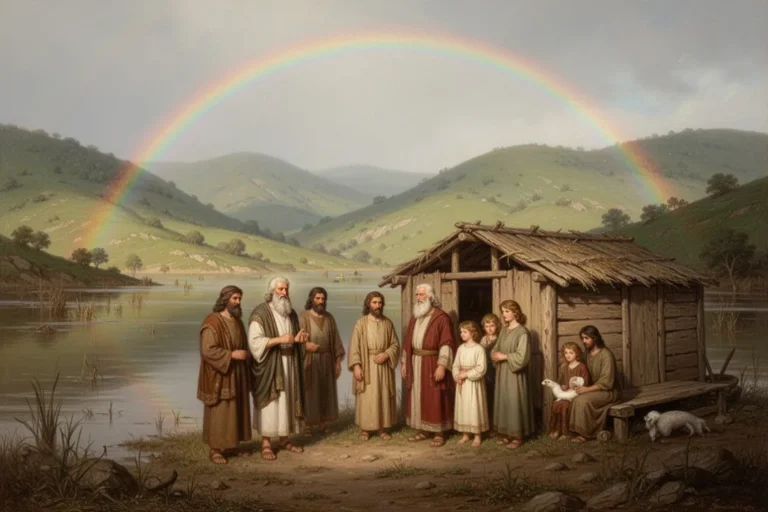Regenbogen über der Landschaft nach der Flut mit Noahs Familie