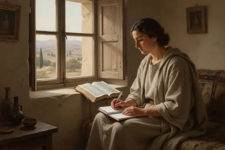 Person erkundet den eigenen Glauben mit Bibel und Notizbuch am Fenster