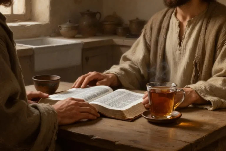 Person betet mit offener Bibel und einer Tasse Tee am Küchentisch