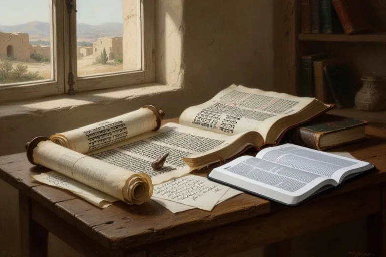 Hebräische Bibel und deutsche Übersetzung auf einem Holztisch