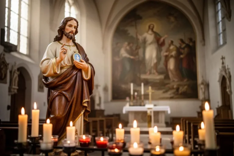 Statue des heiligen Judas Thaddäus in einer stillen Kirche mit brennenden Opferkerzen