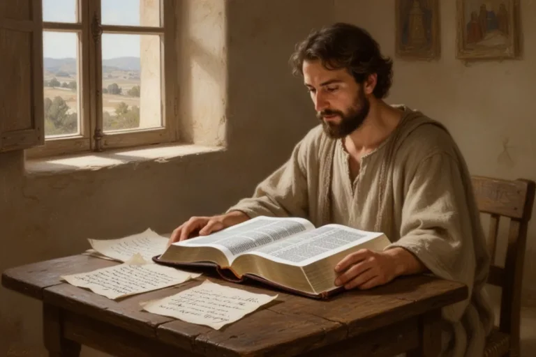 Person liest die Hoffnung für alle Bibel mit Notizen am ruhigen Tisch