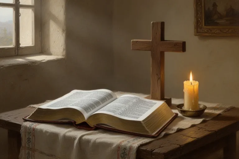 Offene Bibel mit Kreuz und Kerze im warmen Morgenlicht