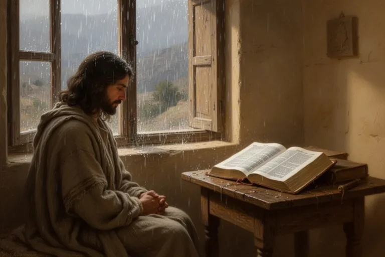 Offene Bibel am Fenster während eines Regens als Bild für Trost