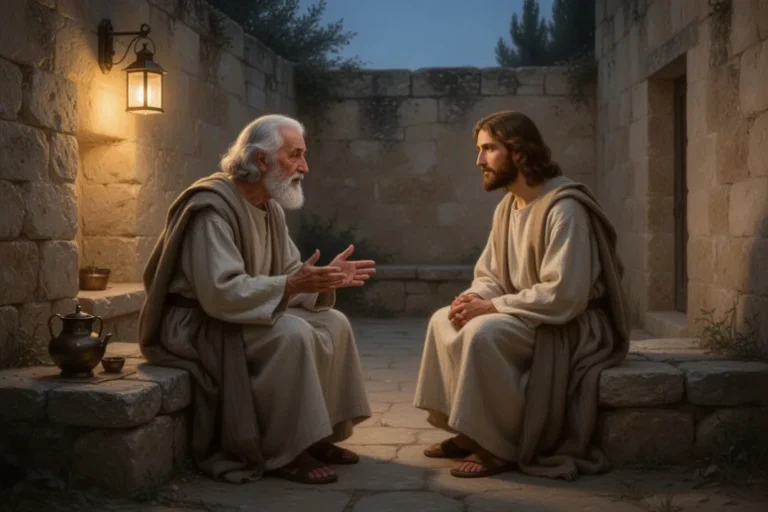 Jesus spricht nachts mit Nikodemus in einem schlichten Innenhof