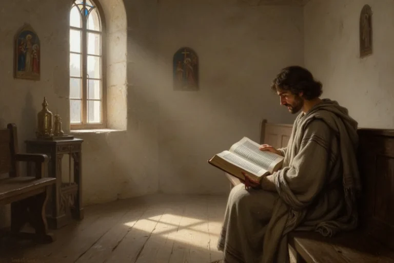 Person liest Johannes 8,12 in einer hellen Kirche