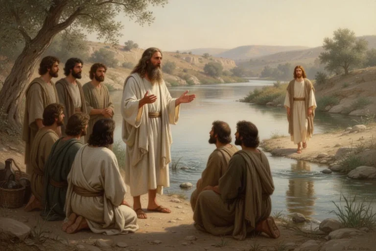 Johannes der Täufer weist am Jordan auf den herankommenden Jesus