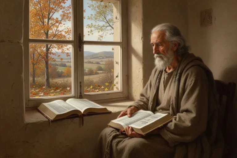 Offene Bibel neben einem Fenster mit wechselnden Jahreszeiten