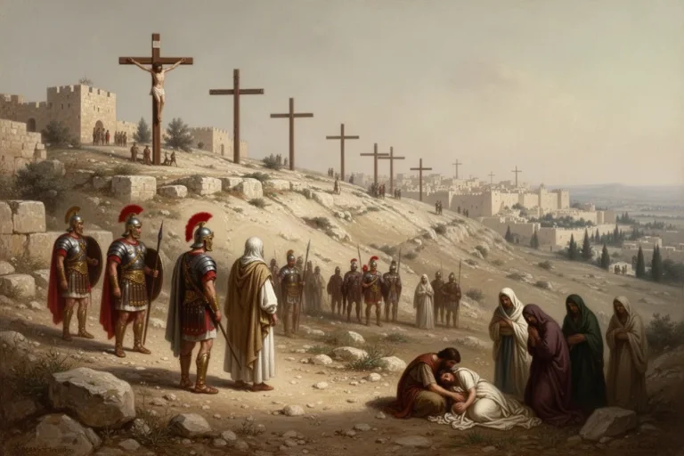 Historische Darstellung der Kreuzigung Jesu vor Jerusalem mit Menschen aus der Ferne