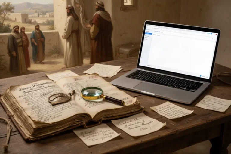 Alte Kirchenbuchseite neben Notizen zur genealogischen Namensrecherche