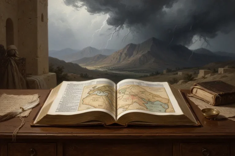 Offene Bibel neben einer symbolischen Karte und einer fernen Berglandschaft