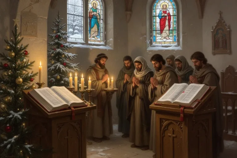 Gemeinde betet im Advent bei Kerzenlicht in einer Kirche