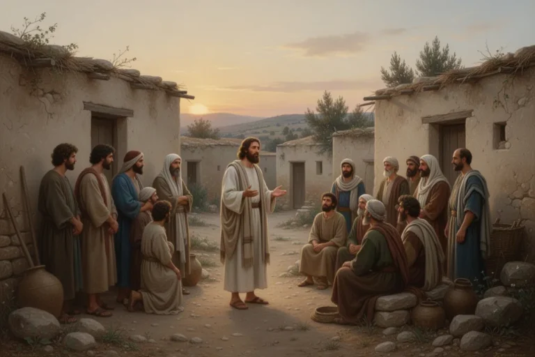 Jesus lehrt Menschen in einem galiläischen Dorf bei Tagesanbruch
