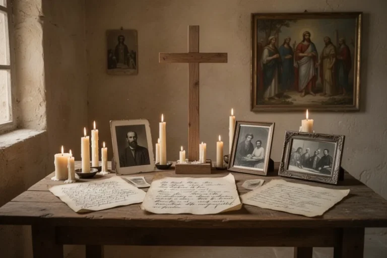 Gedenkort mit Kerzen und historischen Fotografien zur Erinnerung an Märtyrer