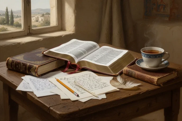 Offene englische und deutsche Bibel mit Notizen auf einem Holztisch
