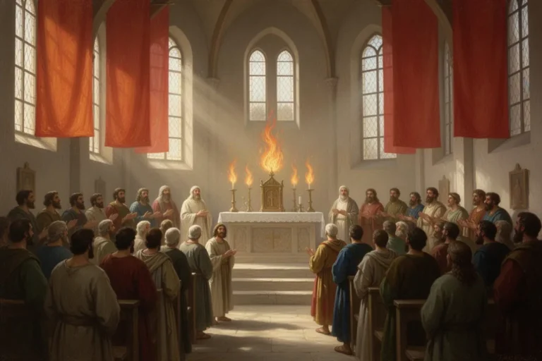 Festlicher Pfingstgottesdienst mit roten Tüchern und symbolischen Flammen
