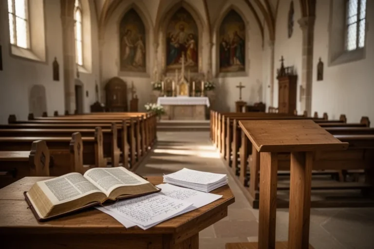 Offene Bibel und Notizen auf einem Lesepult bei der Predigtvorbereitung