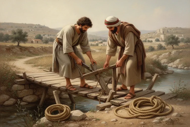 Zwei Menschen reparieren gemeinsam eine Brücke und tragen eine dreifache Schnur