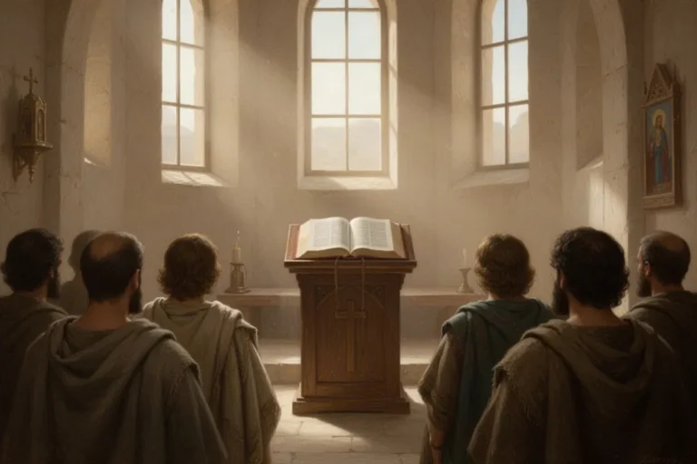 Offene Bibel auf einem Lesepult während eines stillen Gottesdienstes