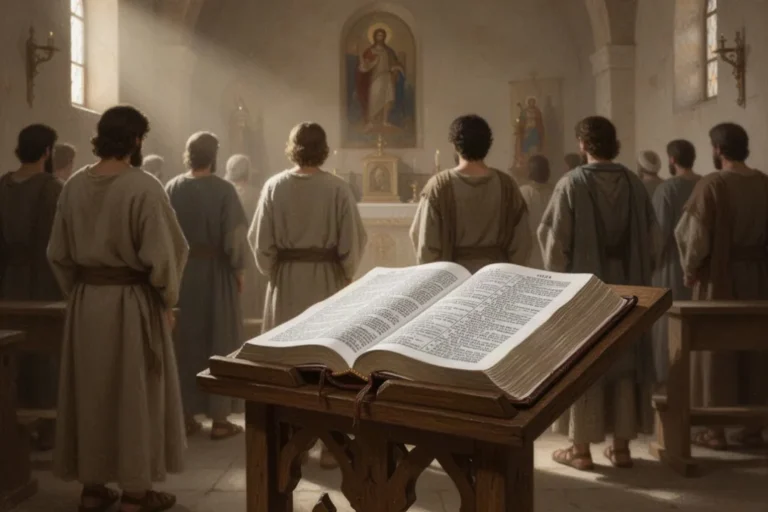 Offene Bibel während eines gemeinsamen Gottesdienstes im warmen Morgenlicht