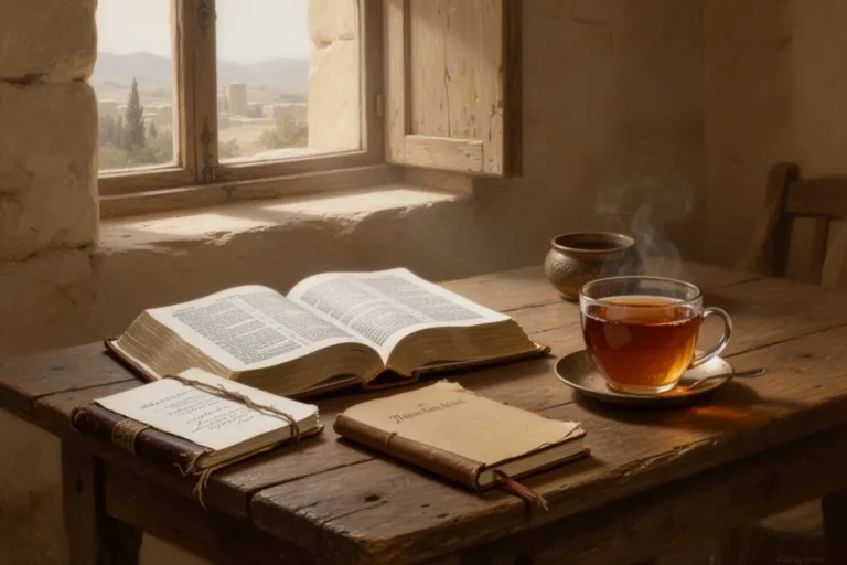 Geöffnete Bibel und Notizbuch im warmen Morgenlicht auf einem Holztisch