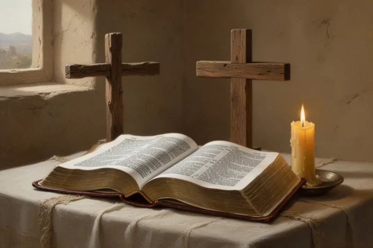 Offene Bibel mit Kerze und Holzkreuz im warmen Morgenlicht