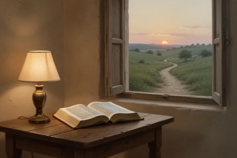 Offene Bibel neben Lampe und Weglandschaft als Symbol für Hoffnung