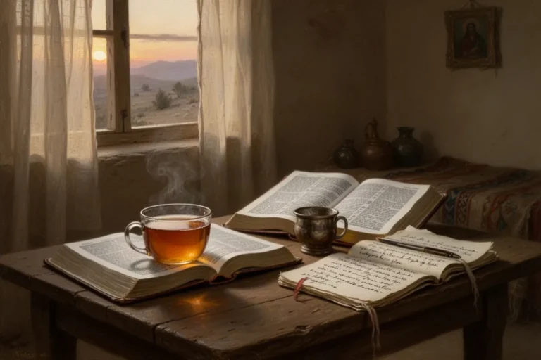 Offene Bibel und Gebetsnotizen im sanften Morgenlicht auf einem Tisch