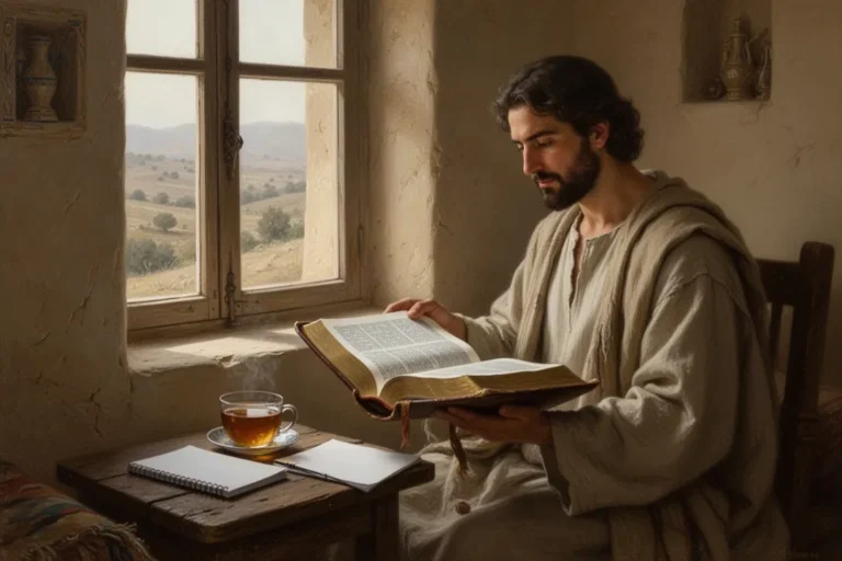 Offene Bibel und Notizbuch bei ruhigem Gebet am Fenster