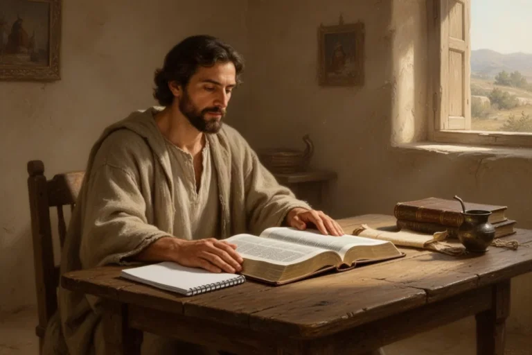 Person betet mit geöffneter Bibel und Notizbuch am Fenster