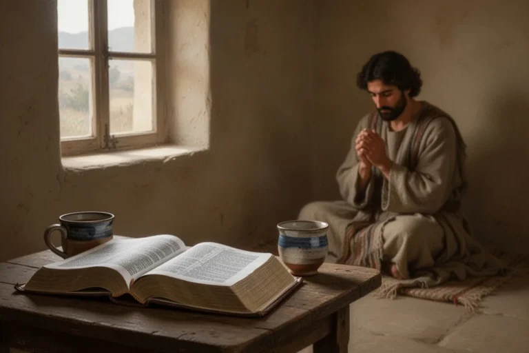 Offene Bibel neben einer betenden Person im stillen Raum
