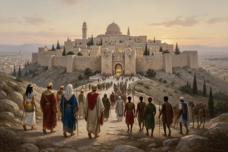 Menschen aus verschiedenen Ländern nähern sich Jerusalem im Morgenlicht